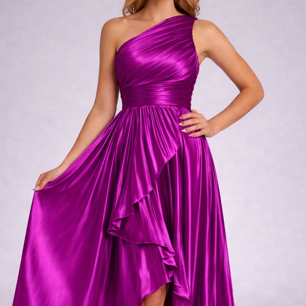 One-Shoulder Fuchsia Ruffled High-Low Evening Gown - Picture 4 of 5
